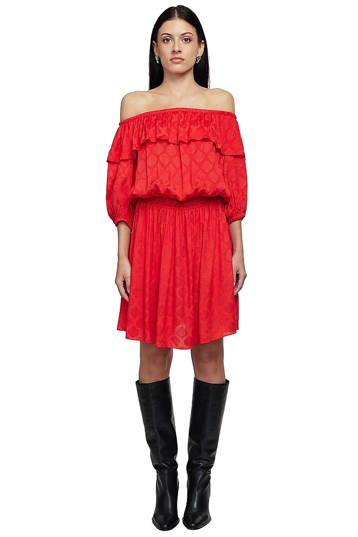 Red Jacquard Off-Shoulder Dress by Gaya
