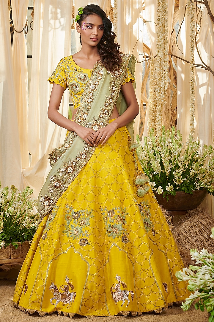 Yellow Embroidered Lehenga Set by Gazal Gupta