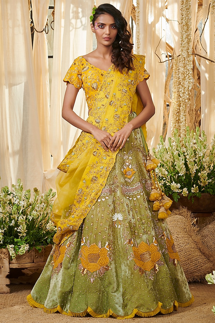 Sage Green & Yellow Embroidered Lehenga Set by Gazal Gupta