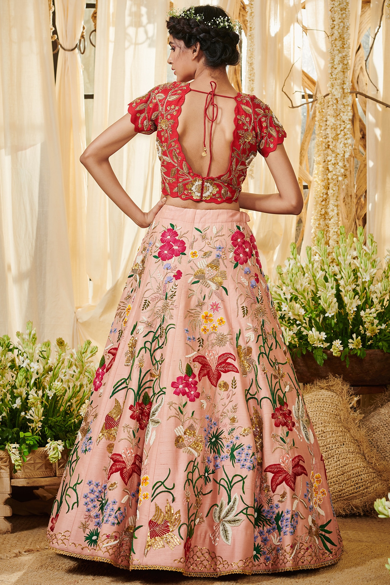Red & Peach Floral Embroidered Bridal Lehenga by HER CLOSET for rent online  | FLYROBE