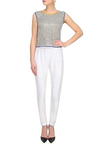 Off White And Brown Herringbone Printed Crop Top by Gaaya by Gayatri Kilachand