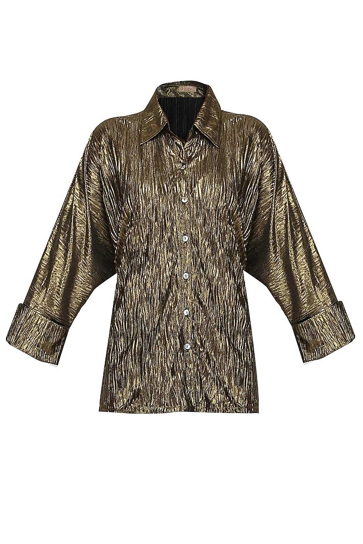 Shimmer Bronze Crushed Button Down Loose Shirt by Gaaya by Gayatri Kilachand