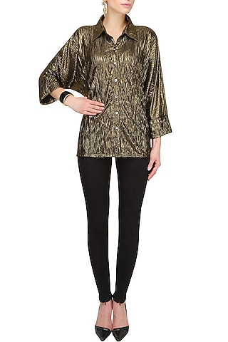 Shimmer Bronze Crushed Button Down Loose Shirt by Gaaya by Gayatri Kilachand