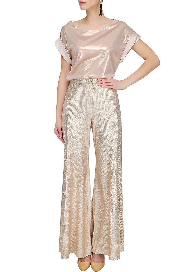 Light gold self rose printed flared palazzo pants available only at Pernia's Pop Up Shop.