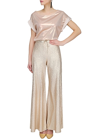 Light Gold Self Rose Printed Flared Palazzo Pants by Gaaya by Gayatri Kilachand
