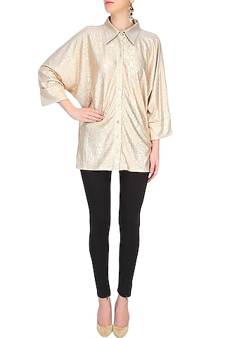 Gold Crushed Self Rose Print Loose Button Down Shirt by Gaaya by Gayatri Kilachand
