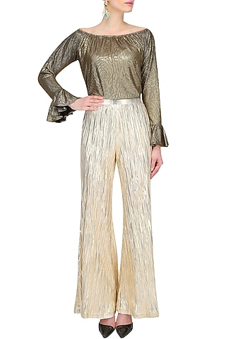 Gold Knitted Flared Palazzo Pants by Gaaya by Gayatri Kilachand