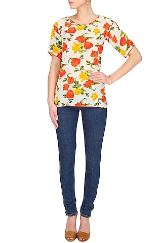 Off White Floral Printed Loose Vintage Top by Gaaya by Gayatri Kilachand