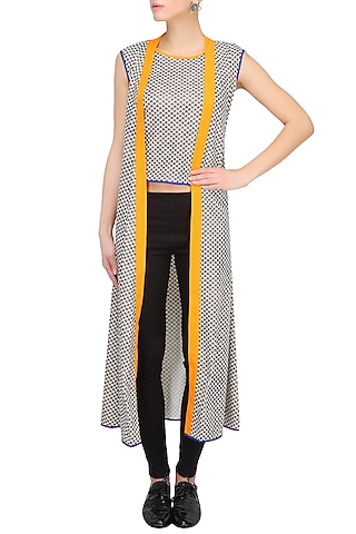Off White And Brown Herringbone Printed Straight Cut Summer Cape by Gaaya by Gayatri Kilachand