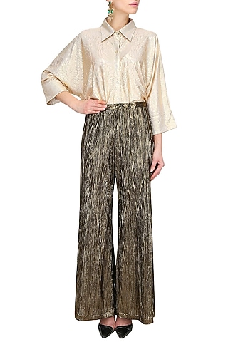 Black And Gold Crushed Flared Palazzo Pants by Gaaya by Gayatri Kilachand