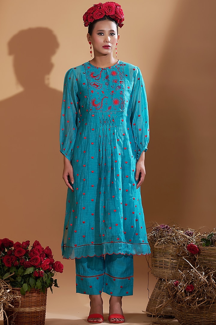 Turquoise Blue Chanderi Silk Sequins & Beads Hand Embroidered Kurta Set by GAACH