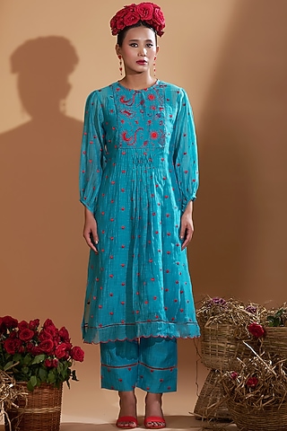 Turquoise Blue Chanderi Silk Sequins & Beads Hand Embroidered Kurta Set by GAACH