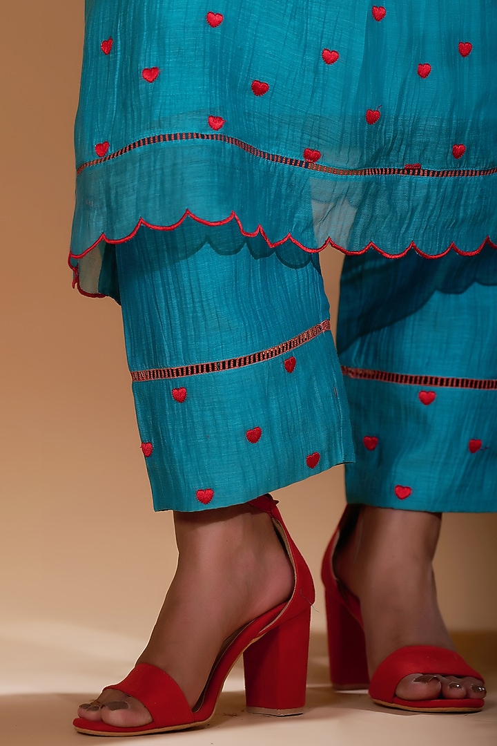 Turquoise Blue Chanderi Silk Sequins & Beads Hand Embroidered Kurta Set by GAACH at Pernia's Pop Up Shop
