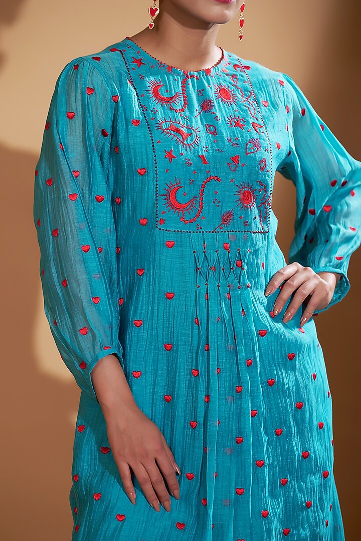 Turquoise Blue Chanderi Silk Sequins & Beads Hand Embroidered Kurta Set by GAACH at Pernia's Pop Up Shop