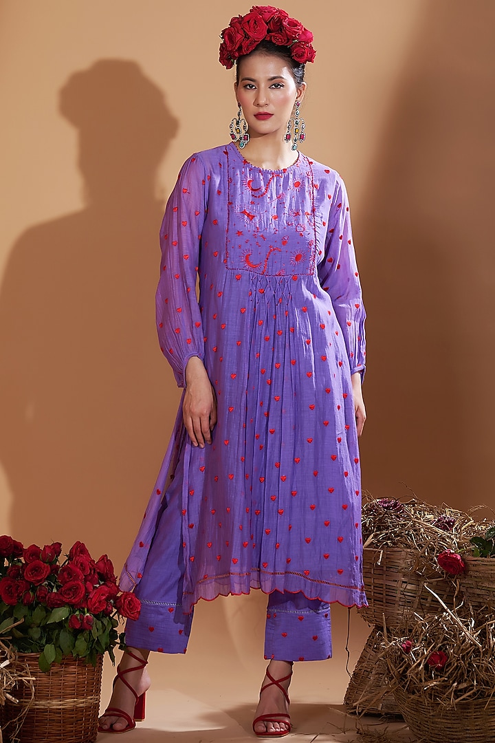 Lilac Blue Chanderi Silk Sequins & Beads Hand Embroidered Kurta Set by GAACH