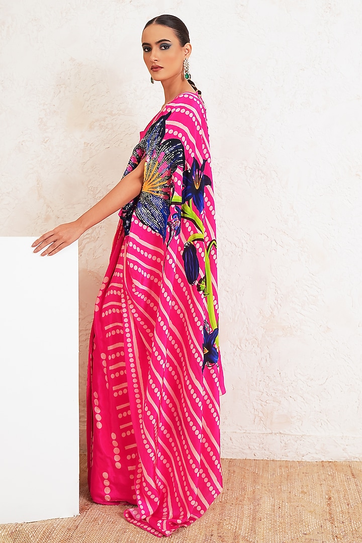 Pink Crepe Floral Embroidered Pre-Draped Wedding Saree Set by Gazab By Miku Kumar at Pernia's Pop Up Shop