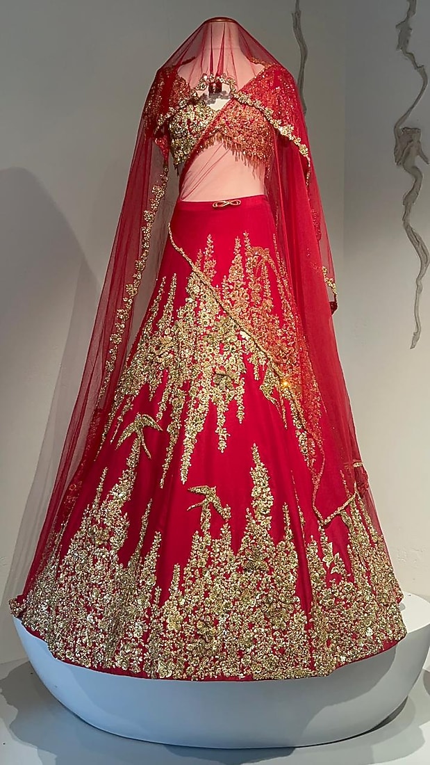 Vermilion Red Dupion Silk Zardosi Embroidered Lehenga Set by Gaurav Gupta at Pernia's Pop Up Shop
