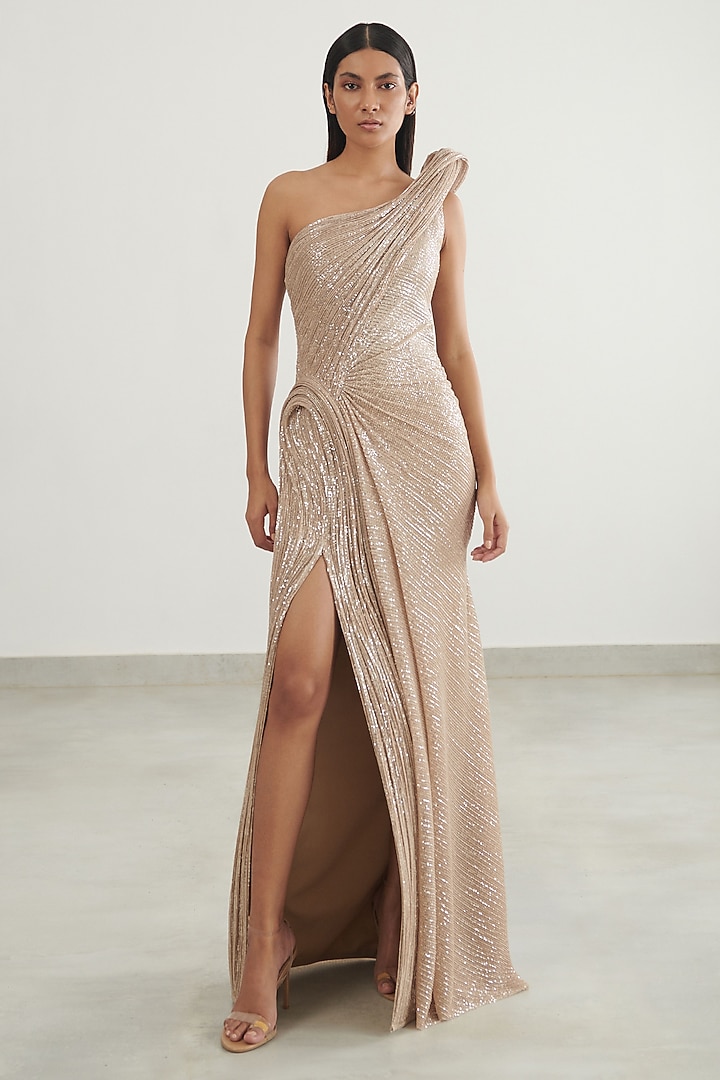 Champagne Sequins Embroidered One-Shoulder Bridal Gown by Gaurav Gupta at Pernia's Pop Up Shop