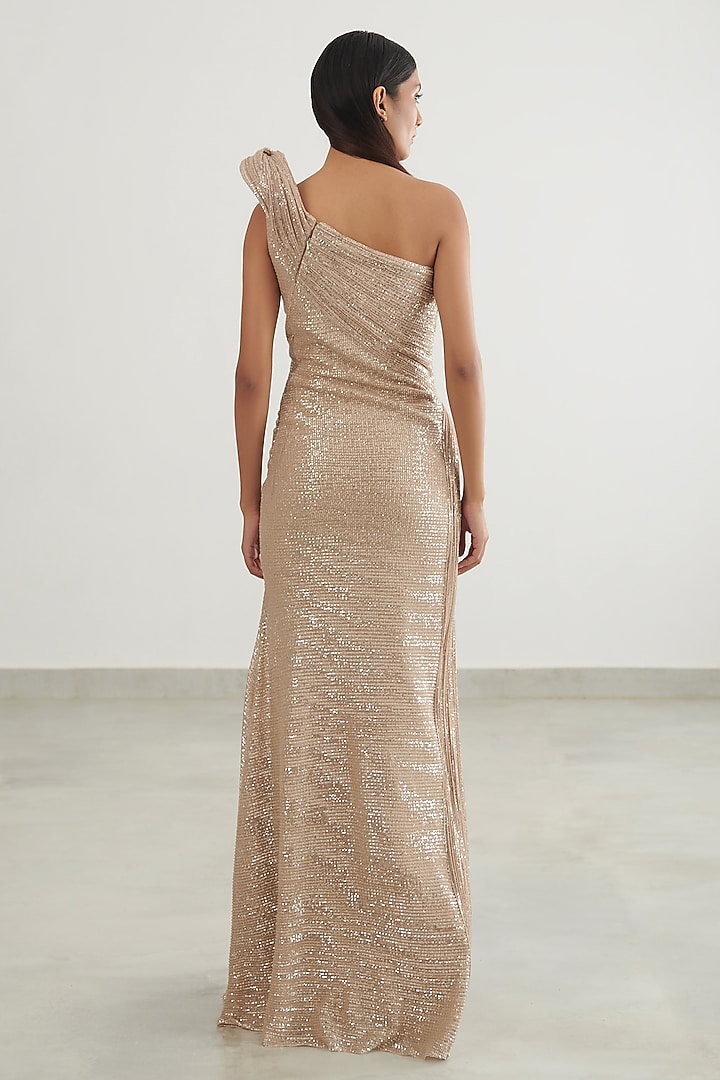 Champagne Sequins Embroidered One-Shoulder Bridal Gown by Gaurav Gupta at Pernia's Pop Up Shop