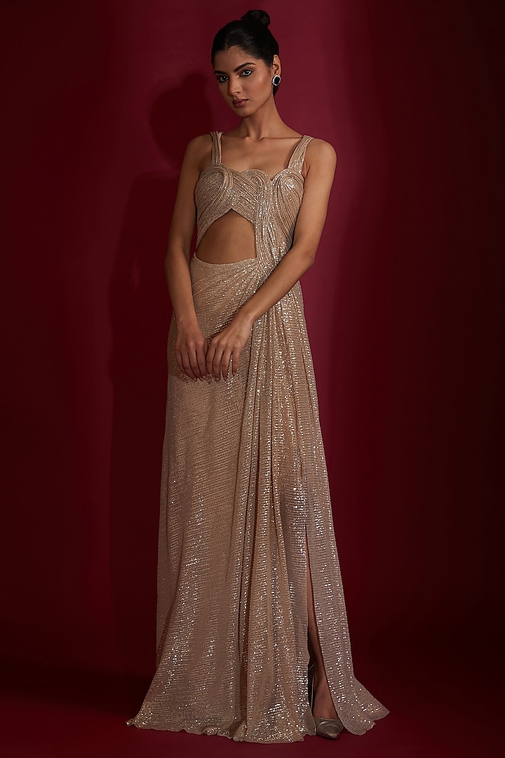 Champagne Sequins Embroidered Sculpted Gown by Gaurav Gupta