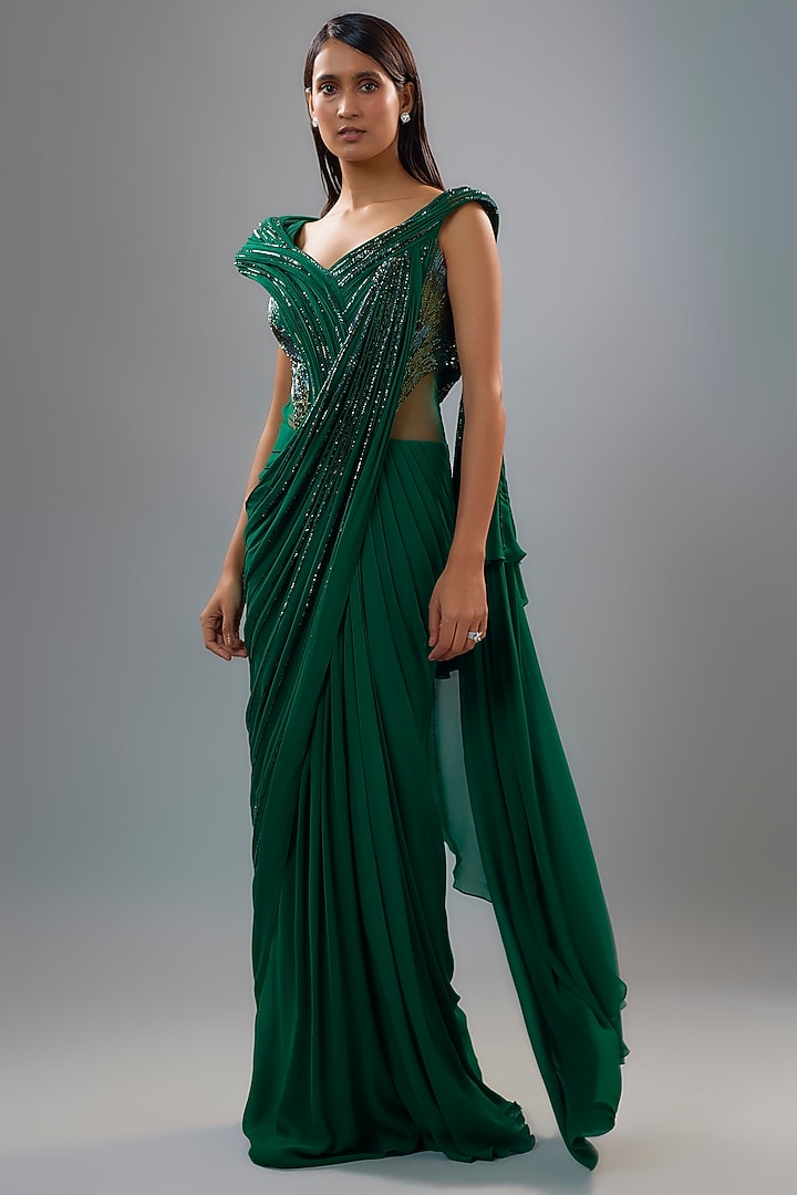 Emerald Green Sequins Sculpted Bridal Gown Saree by Gaurav Gupta at Pernia's Pop Up Shop