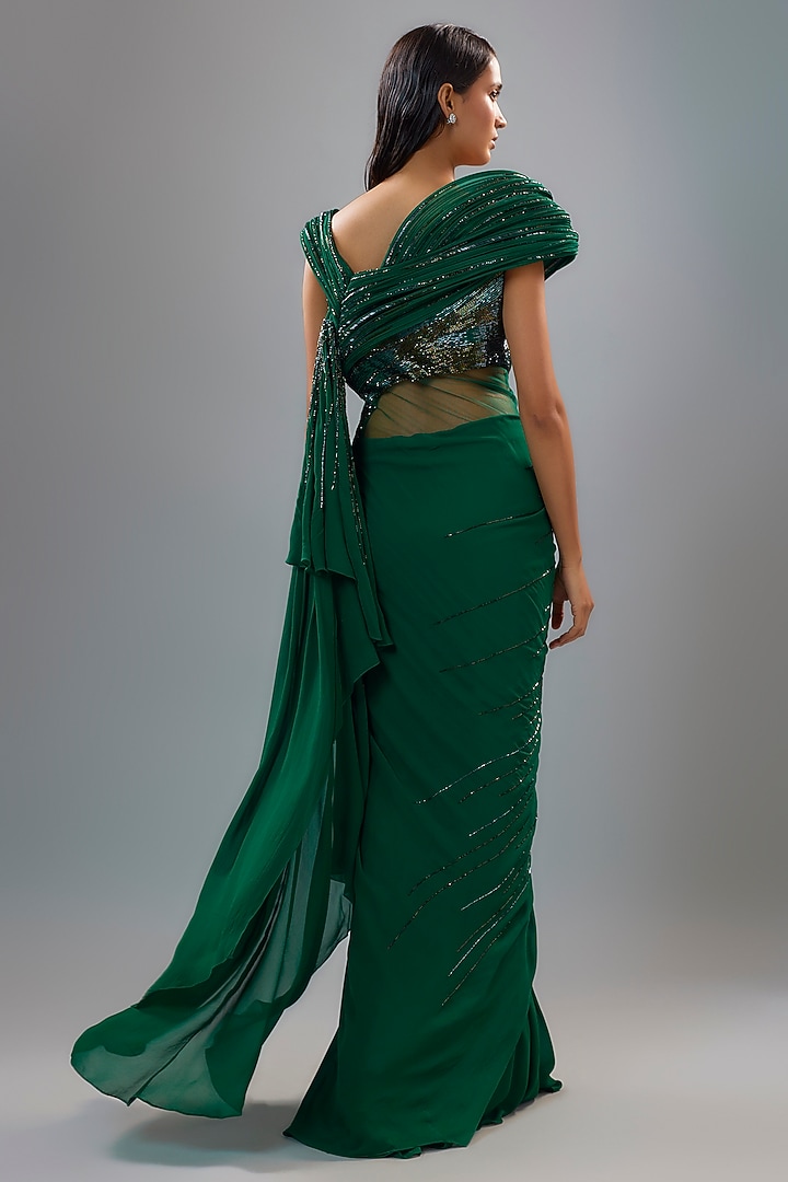 Emerald Green Sequins Sculpted Bridal Gown Saree by Gaurav Gupta at Pernia's Pop Up Shop
