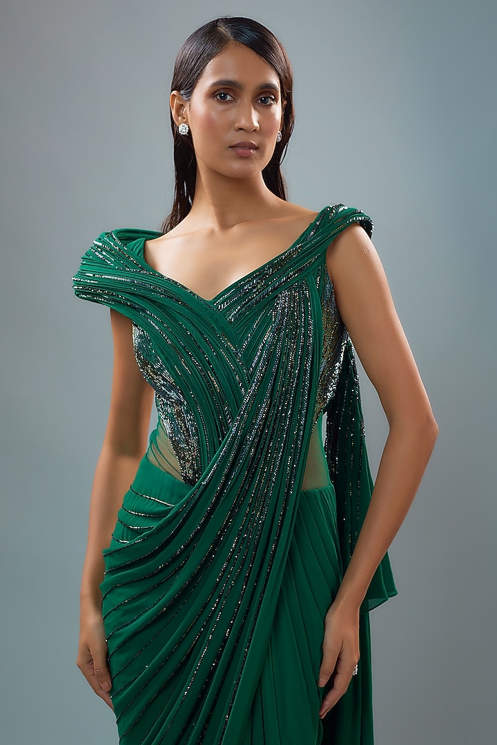 Emerald Green Sequins Sculpted Bridal Gown Saree by Gaurav Gupta at Pernia's Pop Up Shop