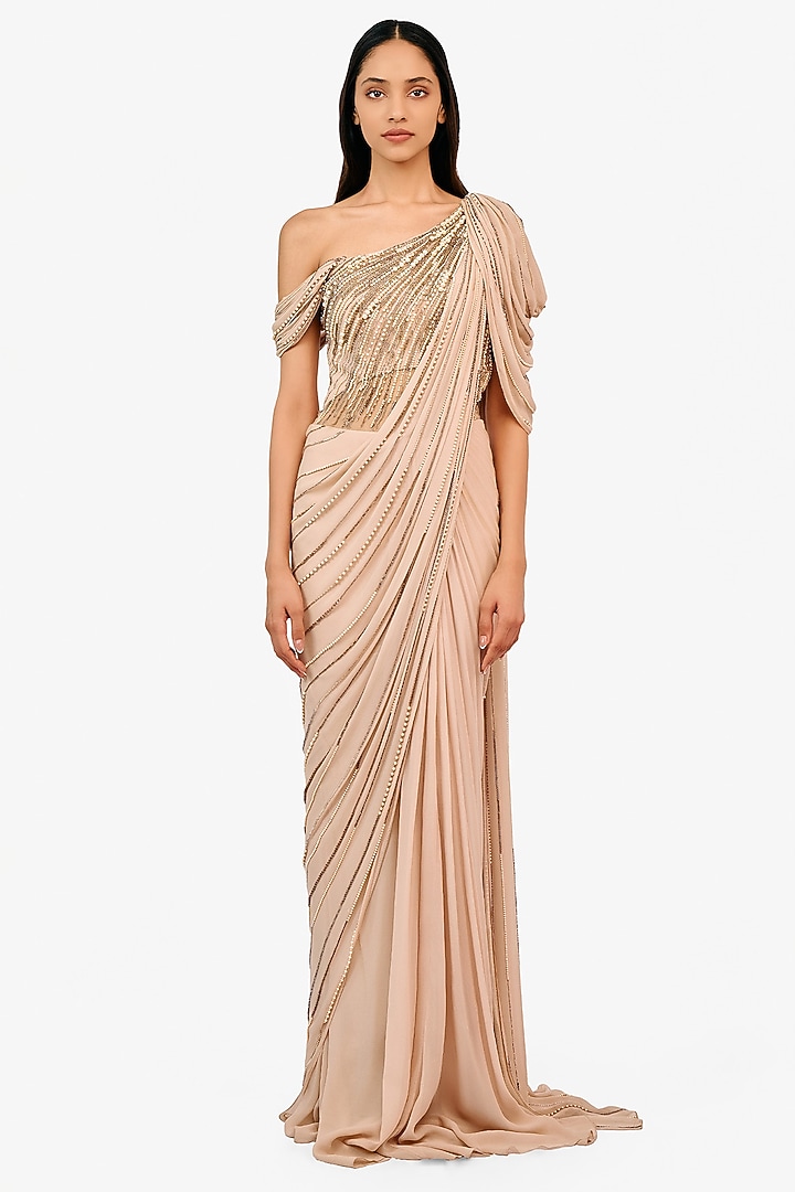 Light Toosh Georgette Pearl Embellished Bridal Gown Saree by Gaurav Gupta at Pernia's Pop Up Shop