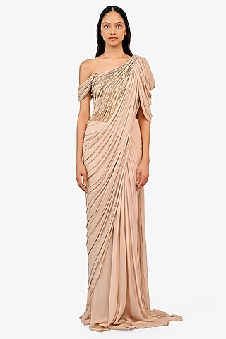 Light Toosh Georgette Pearl Embellished Gown Saree by Gaurav Gupta