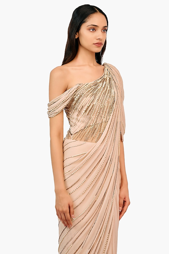 Light Toosh Georgette Pearl Embellished Bridal Gown Saree by Gaurav Gupta at Pernia's Pop Up Shop