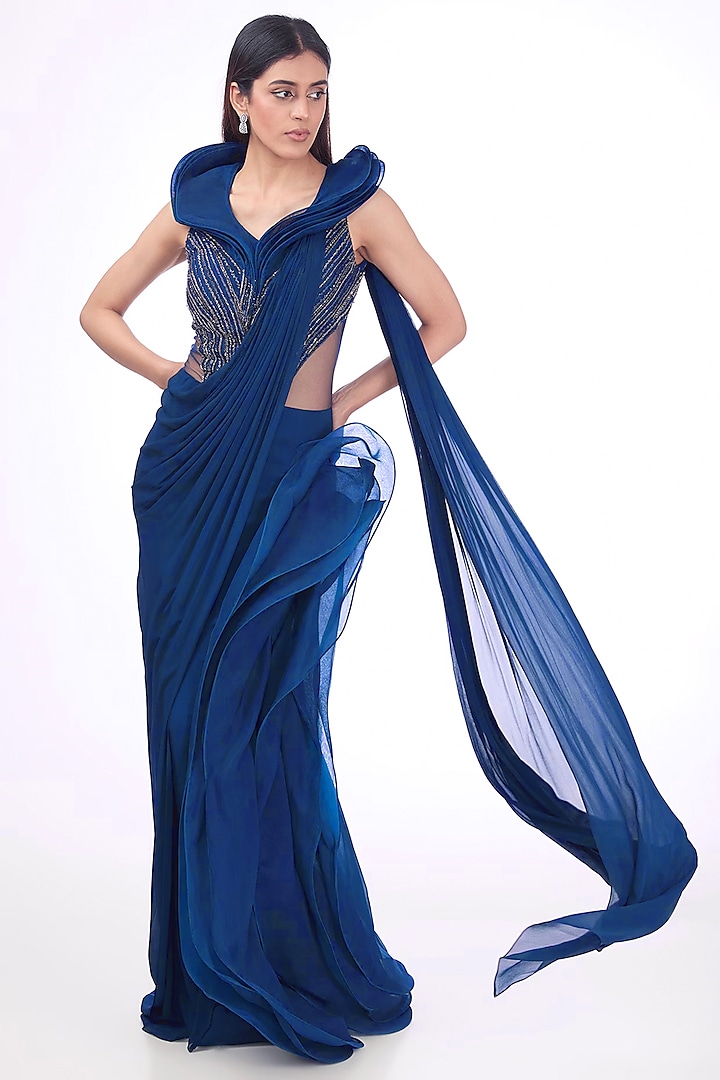 Midnight Blue Organza Bead Embroidered Draped Gown Saree by Gaurav Gupta