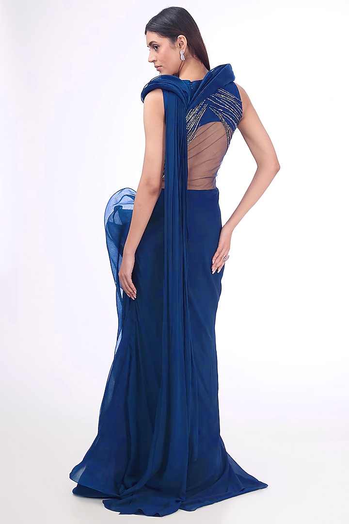 Midnight Blue Organza Bead Embroidered Draped Bridal Gown Saree by Gaurav Gupta at Pernia's Pop Up Shop
