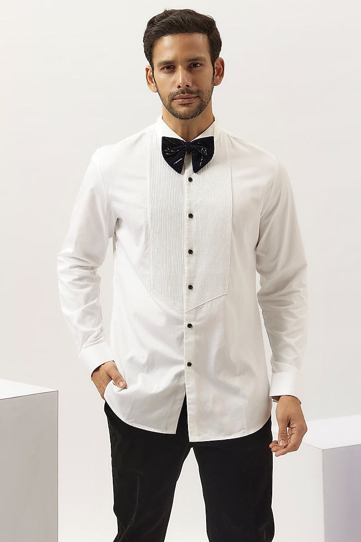 White Cotton Satin Tuxedo Shirt by Gaurav Gupta Men at Pernia's Pop Up Shop