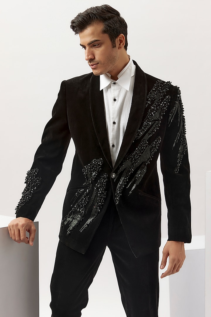 Black Velvet Hand Embroidered Tuxedo Set by Gaurav Gupta Men at Pernia's Pop Up Shop