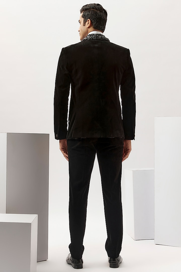 Black Velvet Crystal Embroidered Tuxedo Set by Gaurav Gupta Men at Pernia's Pop Up Shop