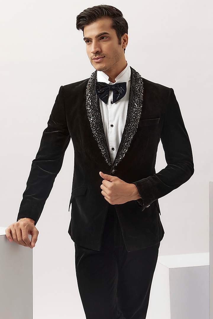 Black Velvet Crystal Embroidered Tuxedo Set by Gaurav Gupta Men at Pernia's Pop Up Shop