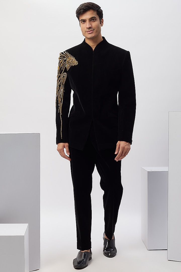 Black Velvet Metallic Embroidered Bandhgala Set by Gaurav Gupta Men at Pernia's Pop Up Shop