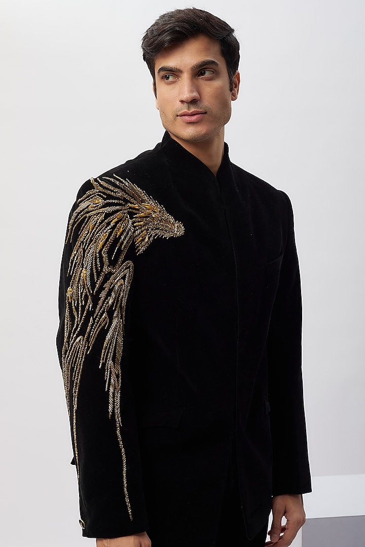 Black Velvet Metallic Embroidered Bandhgala Set by Gaurav Gupta Men at Pernia's Pop Up Shop