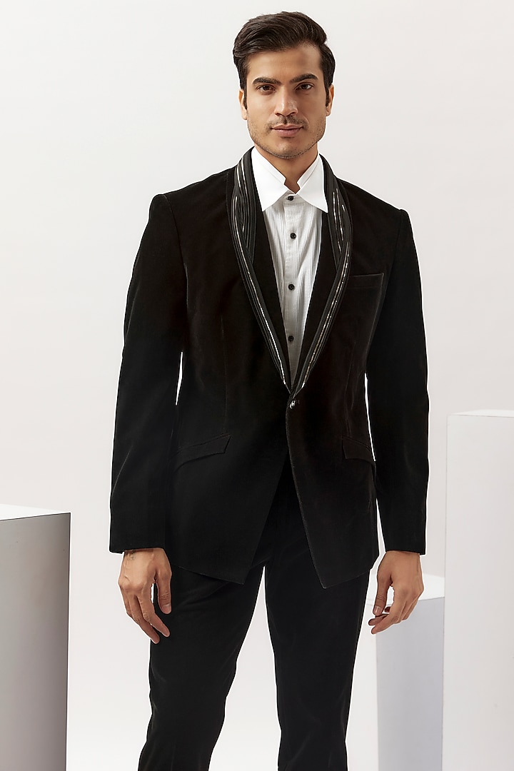 Black Velvet Metallic Embroidered Tuxedo Set by Gaurav Gupta Men at Pernia's Pop Up Shop
