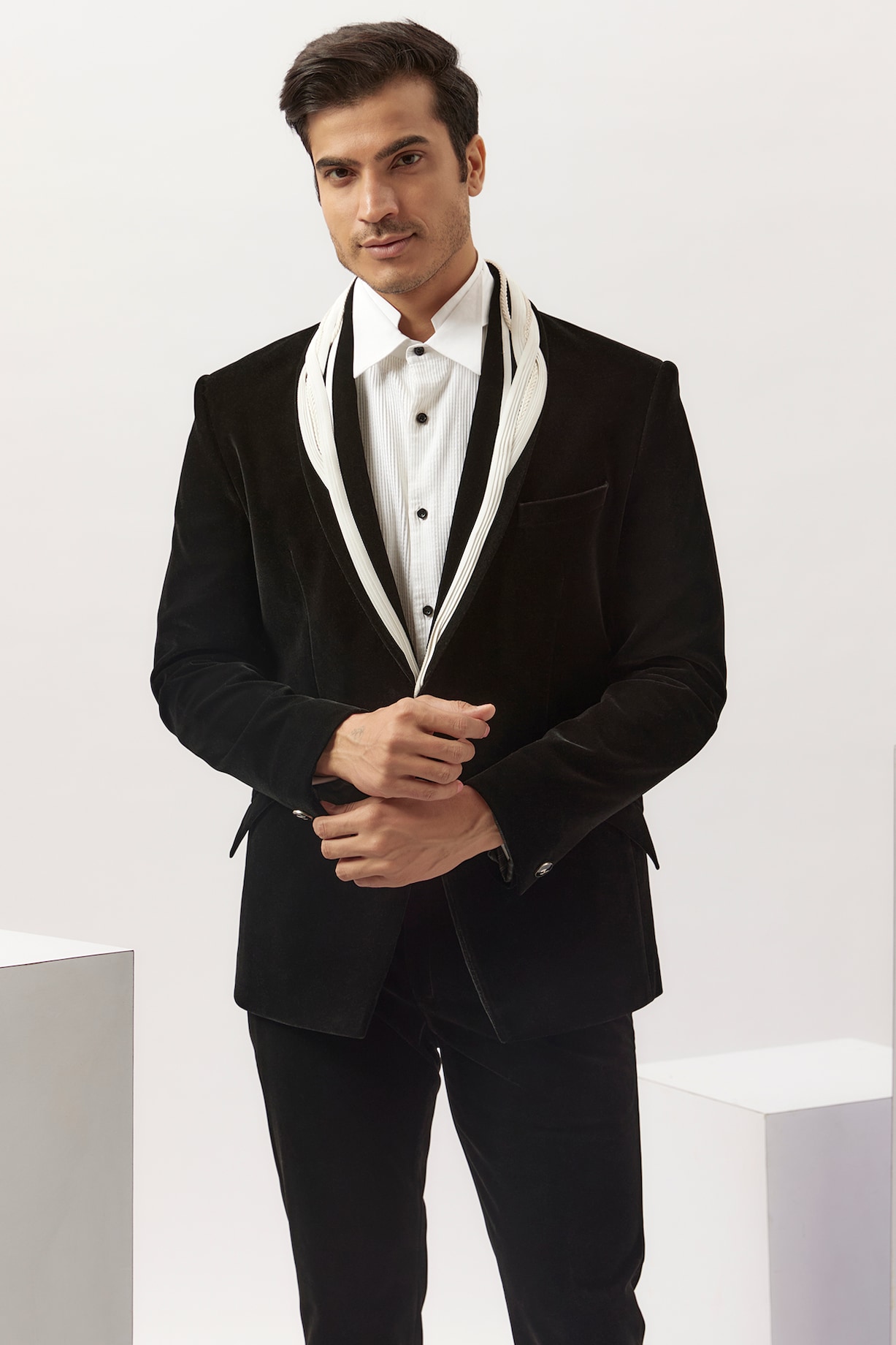 Black Velvet Tuxedo Set Design by Gaurav Gupta Men at Pernia's Pop Up ...