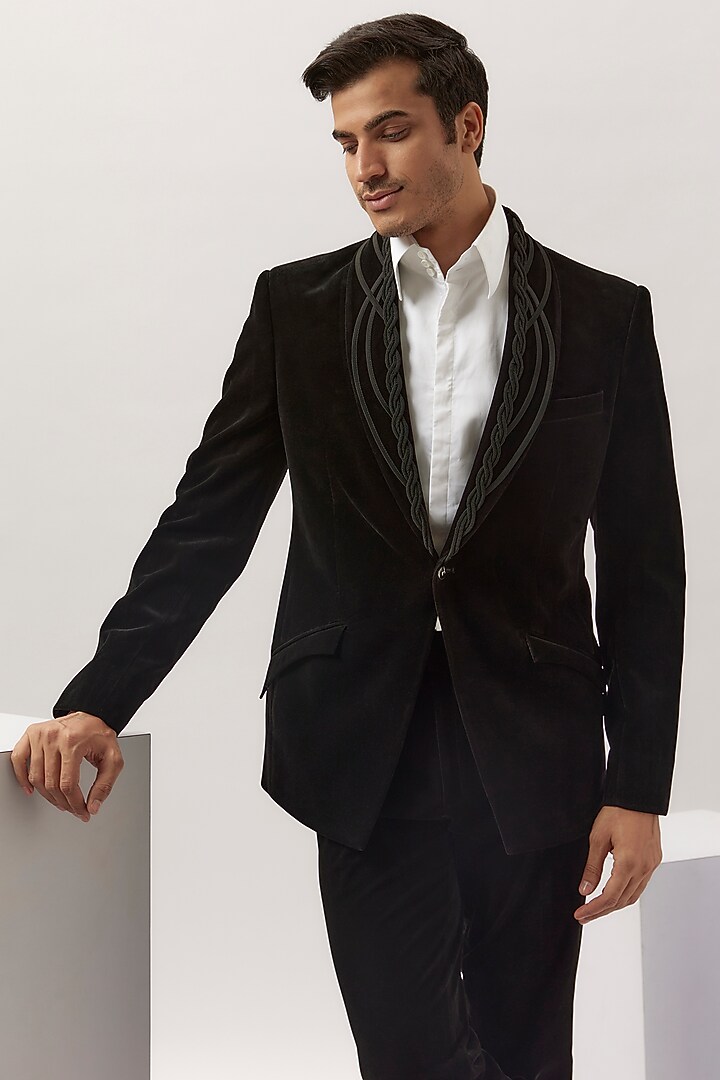Black Velvet Tuxedo Set by Gaurav Gupta Men at Pernia's Pop Up Shop