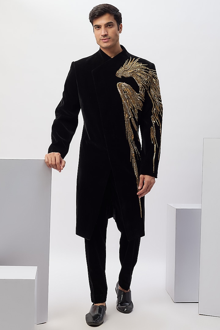 Black Velvet Metallic Embroidered Jacket Set by Gaurav Gupta Men at Pernia's Pop Up Shop