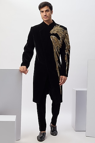 Black Velvet Metallic Embroidered Jacket Set by Gaurav Gupta Men