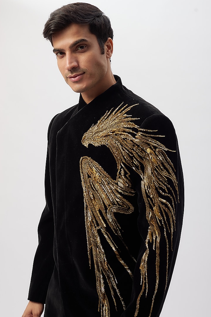 Black Velvet Metallic Embroidered Jacket Set by Gaurav Gupta Men at Pernia's Pop Up Shop