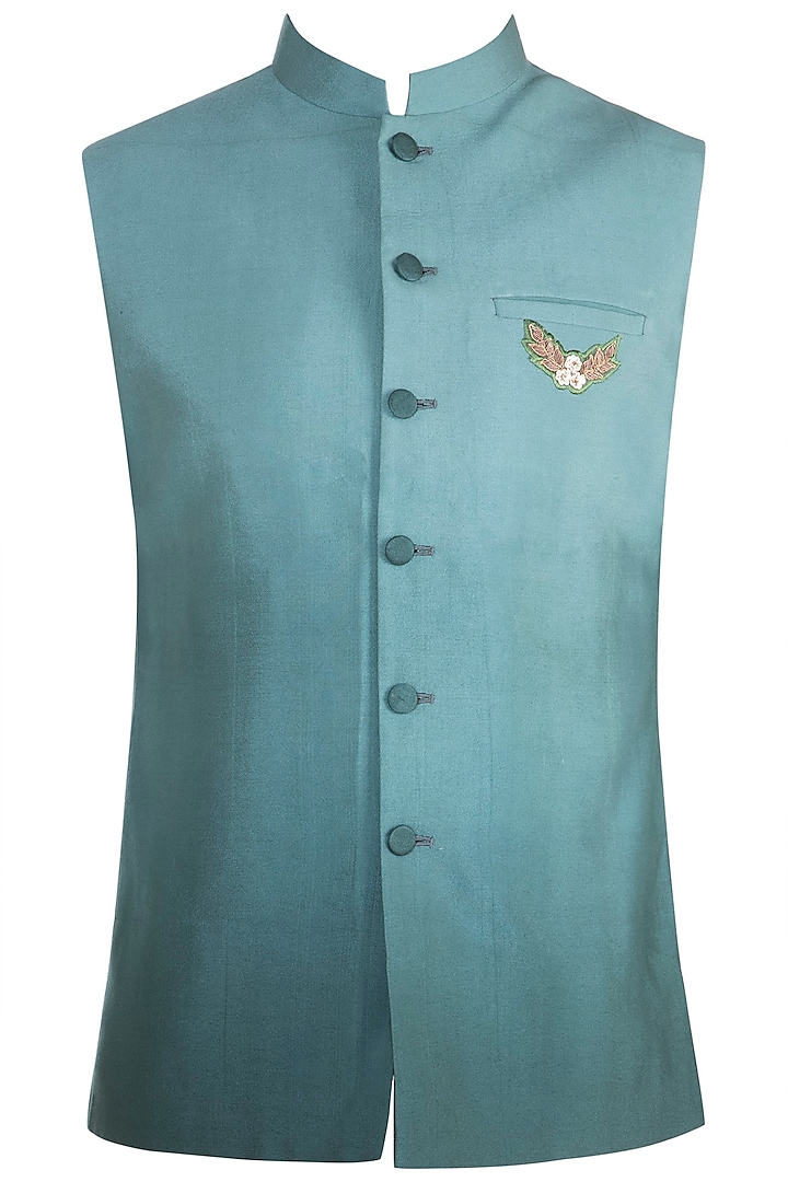 Sky Blue Cotton Silk Zardosi Embroidered Nehru Jacket by Gaurav Katta