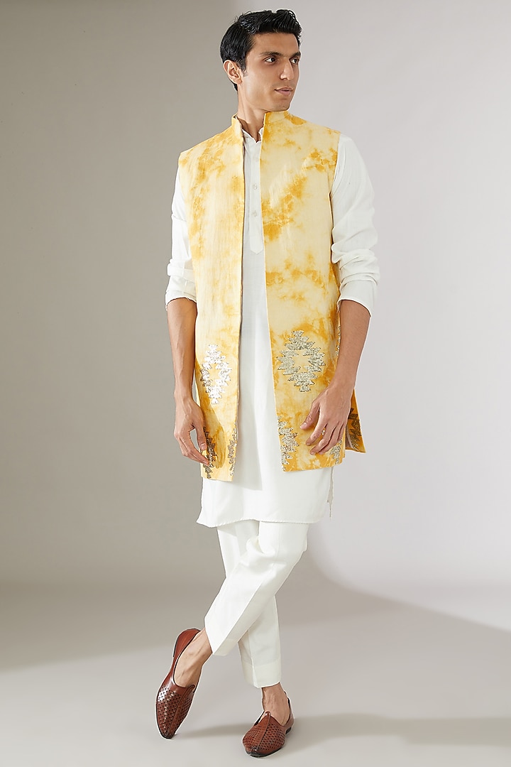 Yellow Linen Tie-Dye Indowestern Jacket by Gaurav Katta