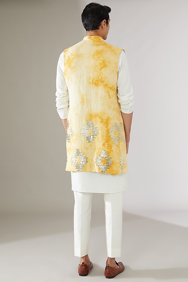 Yellow Linen Tie-Dye Indowestern Jacket by Gaurav Katta at Pernia's Pop Up Shop