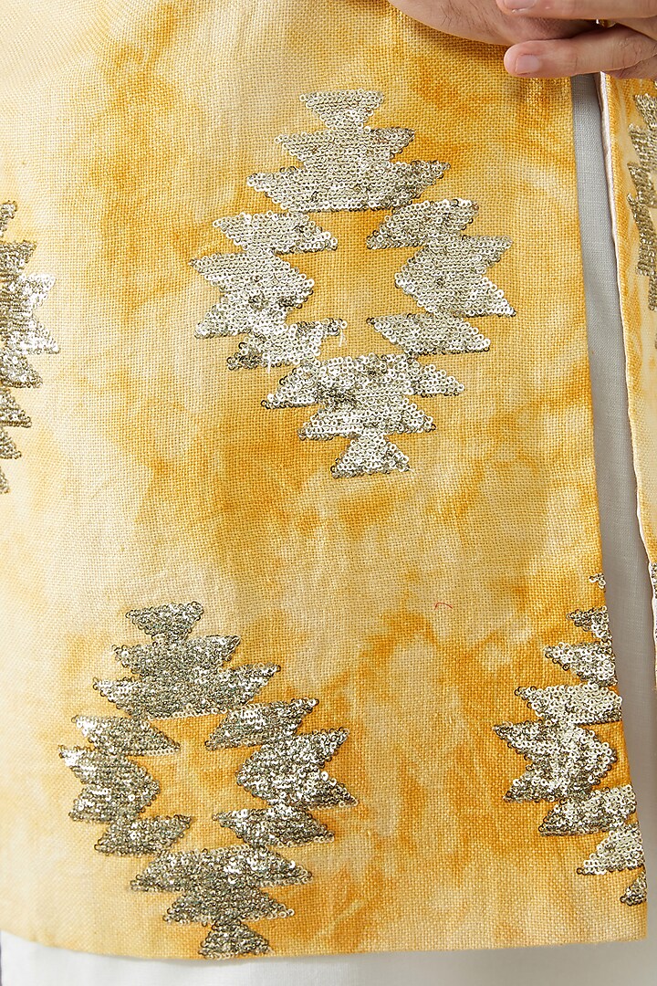 Yellow Linen Tie-Dye Indowestern Jacket by Gaurav Katta at Pernia's Pop Up Shop