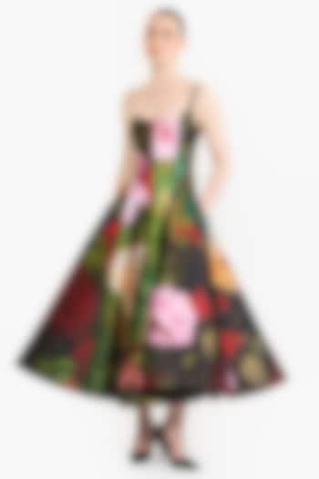 Multi-Colored Mikado Floral Printed Flared Midi Party Wear Dress by Gauri And Nainika at Pernia's Pop Up Shop