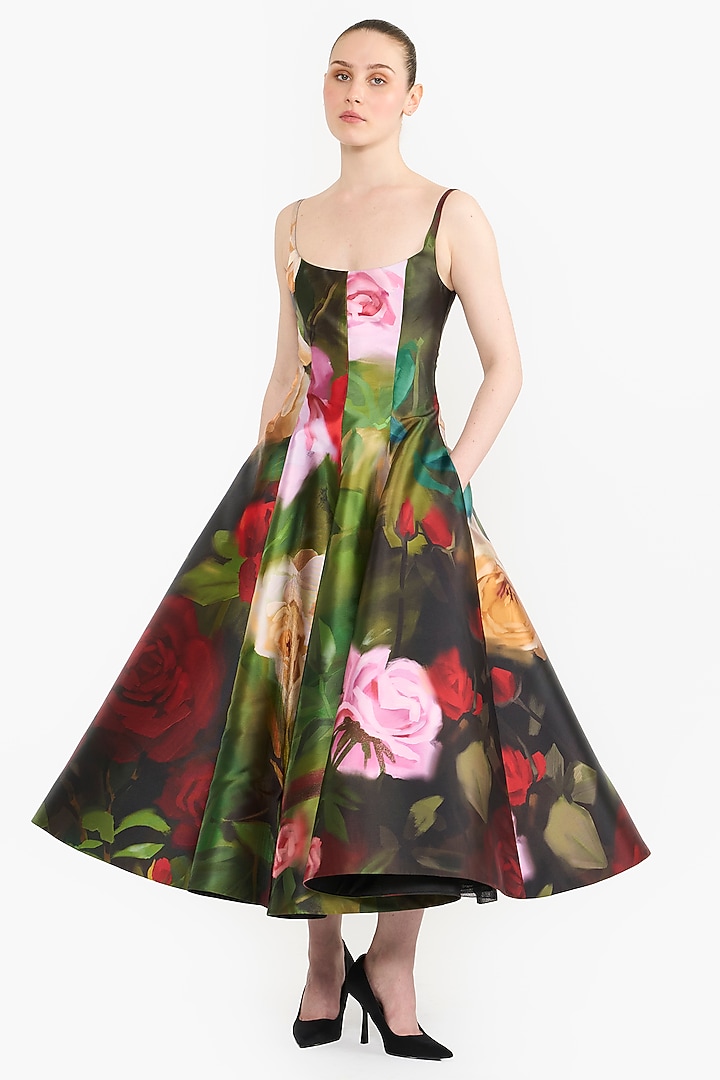 Multi-Colored Mikado Floral Printed Flared Midi Party Wear Dress by Gauri And Nainika at Pernia's Pop Up Shop